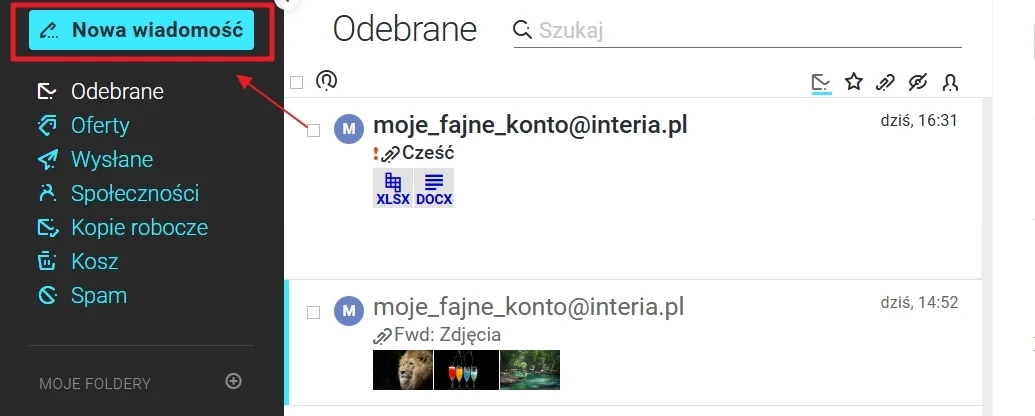Interfejs skrzynki mailowej z zaznaczonym przyciskiem pozwalającym utworzyć nową wiadomość oraz widoczną listą odebranych e-maili od tego samego nadawcy, zawierającą tekst, załącznik i przesłane zdjęcia.