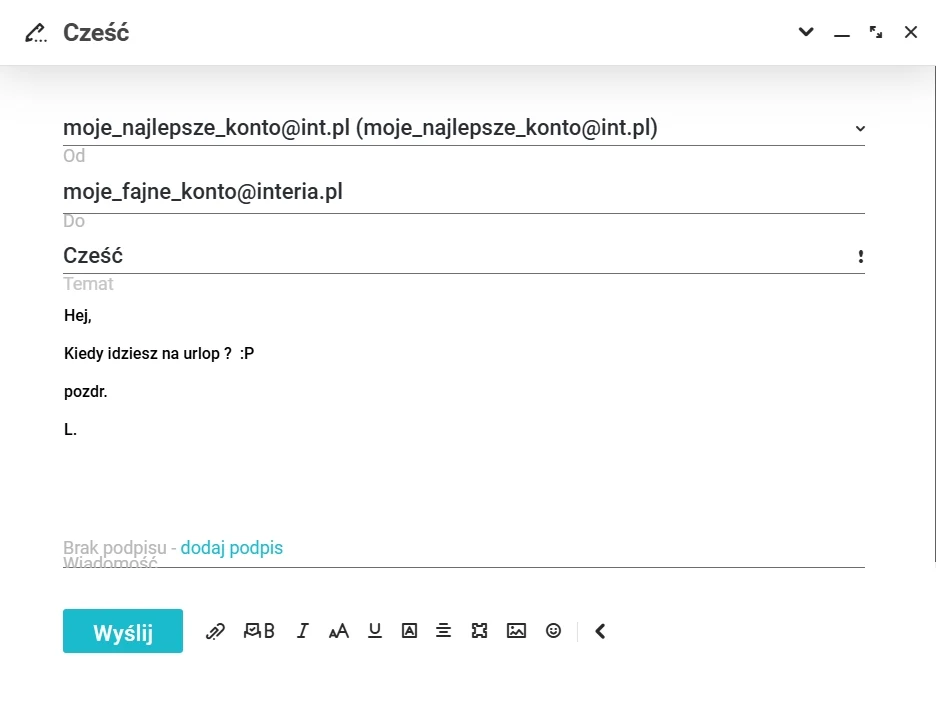 Okno wiadomości e-mail z wypełnionymi polami adresata i nadawcy, tematem oraz treścią pytającą o urlop, przyciskiem 'Wyślij' i minimalistycznym układem interfejsu.