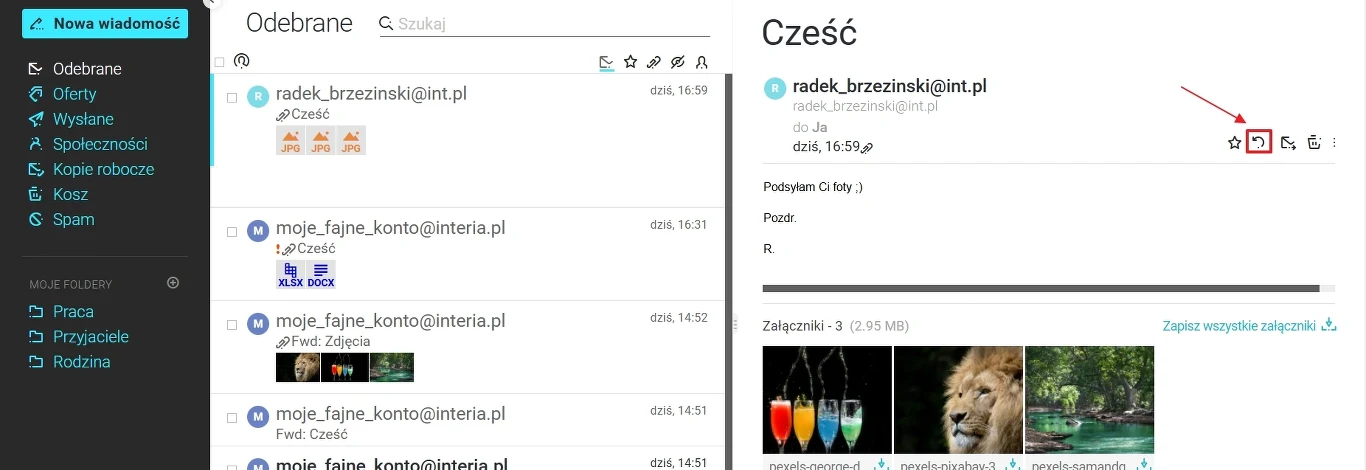 Widok skrzynki odbiorczej poczty e-mail z listą wiadomości po lewej stronie oraz szczegółami wybranej wiadomości, zawierającej tekst, adres nadawcy i trzy załączniki w postaci miniatur zdjęć, po prawej stronie.