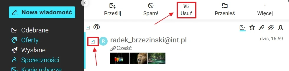 Panel skrzynki odbiorczej poczty e-mail z zaznaczoną wiadomością od nadawcy oraz wyróżnioną ikoną usuwania wiadomości na pasku narzędzi.