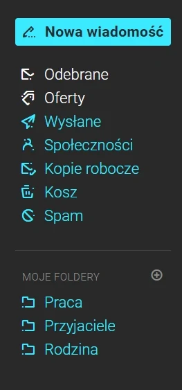 Panel boczny skrzynki mailowej z przyciskiem tworzenia nowej wiadomości, listą głównych folderów takich jak odebrane, oferty, wysłane, społeczności, kopie robocze, kosz i spam, a także sekcją własnych folderów użytkownika oznaczonych jako praca, przyja...