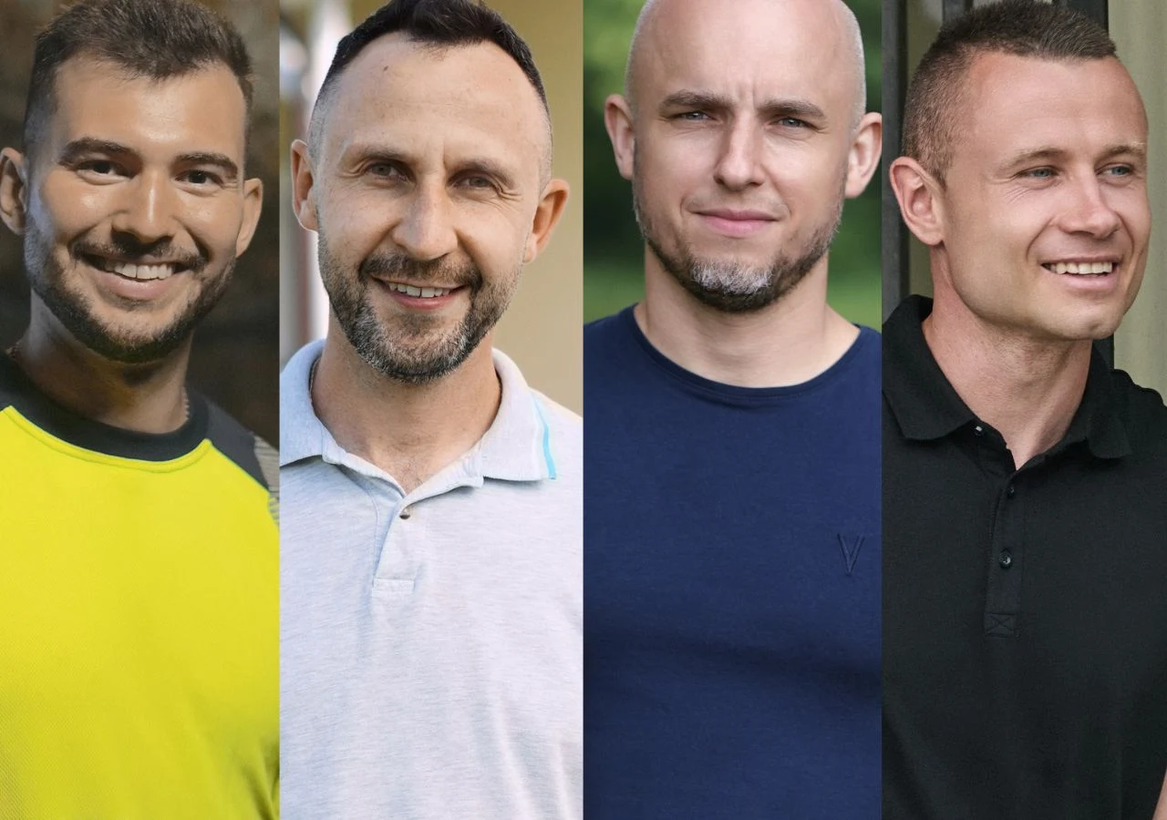 Poznaj kandydatów do programu „Wielka Miłość w Małym Mieście”. Od lewej: Piotr, Maciek, Jarek i Rafał. Piotr, Maciek, Jarek i Rafał, uczestnicy programu "Wielka Miłość w Małym Mieście", w portretowym ujęciu.