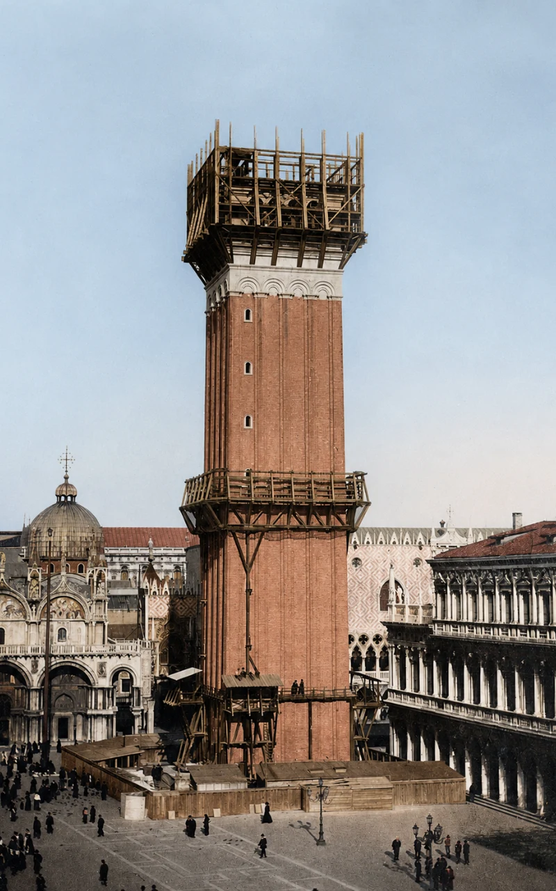 Odbudowa Campanile di San Marco (rok 1911) Dzwonnica świętego Marka w trakcie odbudowy, otoczona rusztowaniami, zdjęcie koloryzowane.