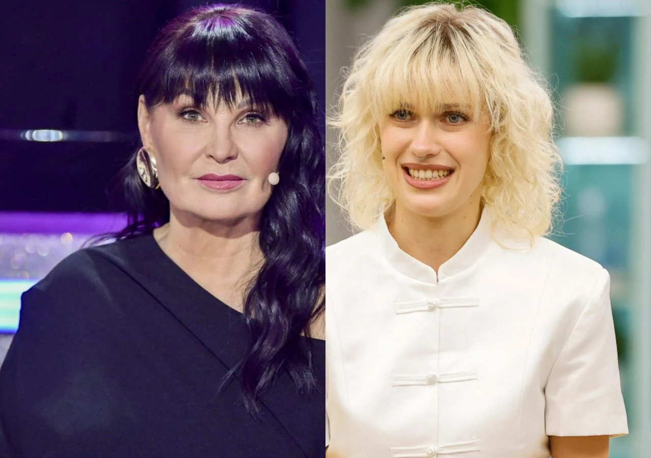 Iwona Pavlović i Helena Englert Iwona Pavlović w czarnej sukni oraz Helena Englert w białym stroju, uczestniczka 19. edycji Tańca z gwiazdami.