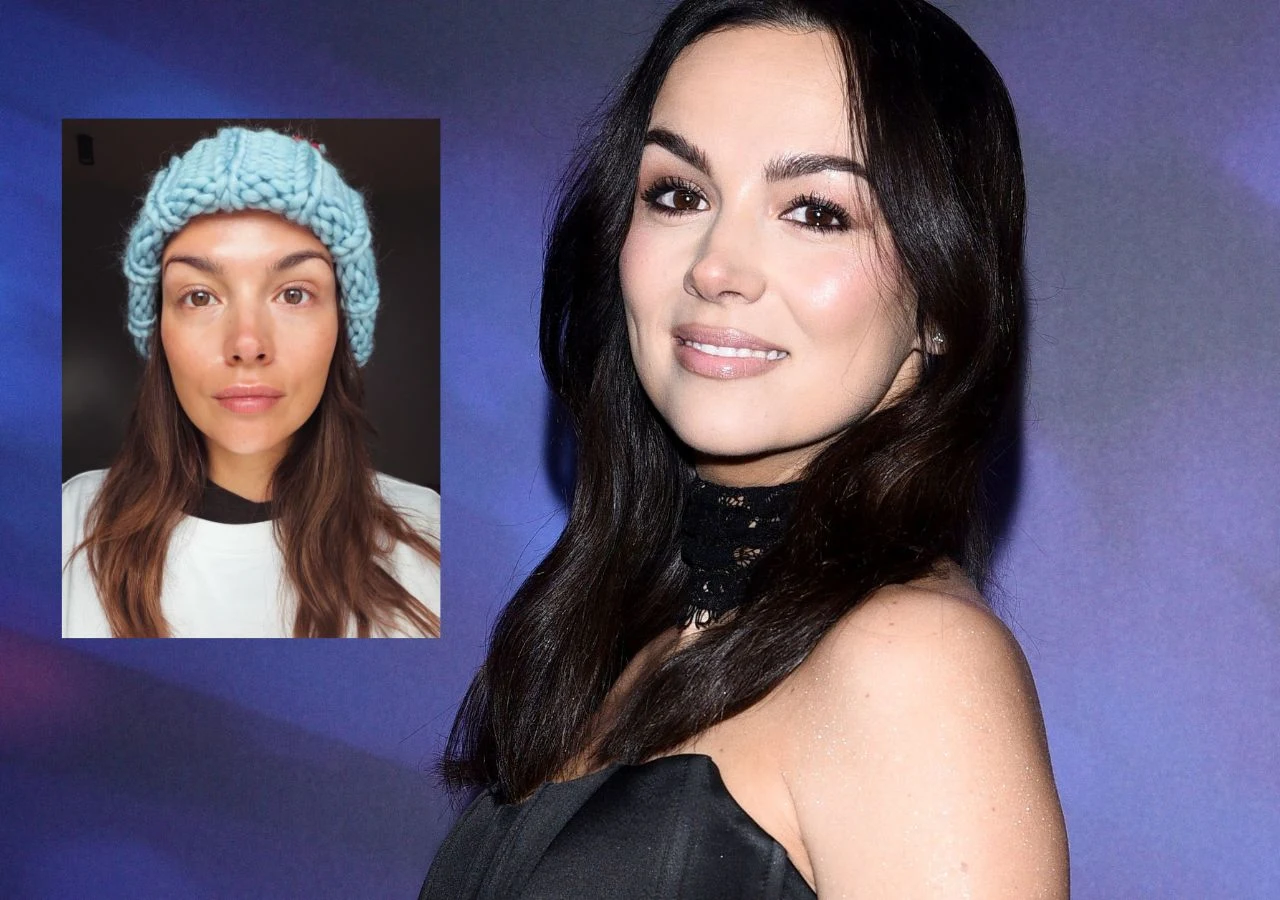 Paulina Krupińska wakacje na Mazurach spędziła... w czapce. Młoda kobieta w czarnej sukience z długimi, ciemnymi włosami i delikatnym makijażem na tle fioletowej ściany, obok zdjęcie tej samej kobiety w niebieskiej, dzierganej czapce i białej koszulce bez makijażu.