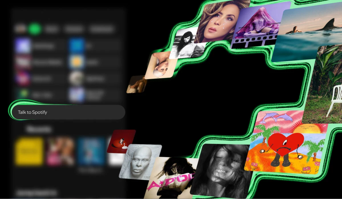 Talk to Spotify. Do popularnej aplikacji trafia chatbot AI. Kolorowe okładki albumów i zdjęcia artystów na czarnym tle z neonowymi zielonymi liniami, fragment interfejsu Spotify.