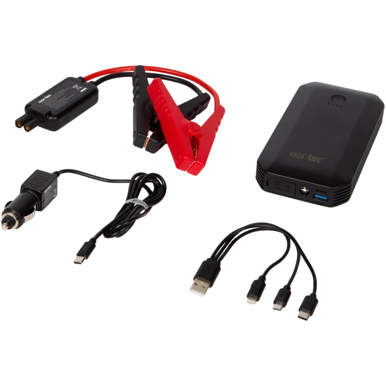 Powerbank z portami USB, przewody rozruchowe z zaciskami, ładowarka samochodowa oraz przewody USB z różnymi końcówkami do ładowania urządzeń elektronicznych.
