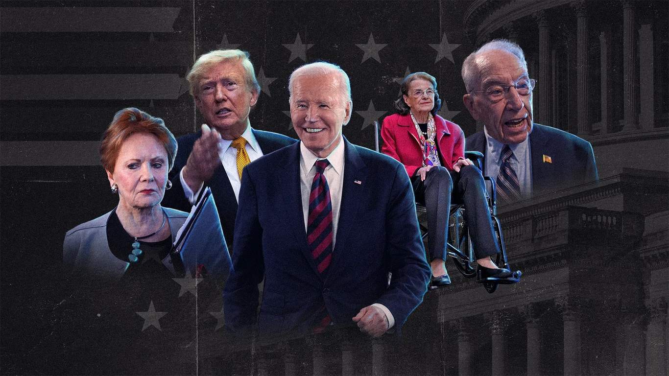 Stanami Zjednoczonymi od lat rządzą politycy w podeszłym wieku, którzy mają już niewiele do stracenia - podkreślają młodzi Amerykanie Joe Biden, Donald Trump, Kay Granger, Dianne Feinstein i Chuck Grassley na tle amerykańskiej flagi i budynku Kongresu.
