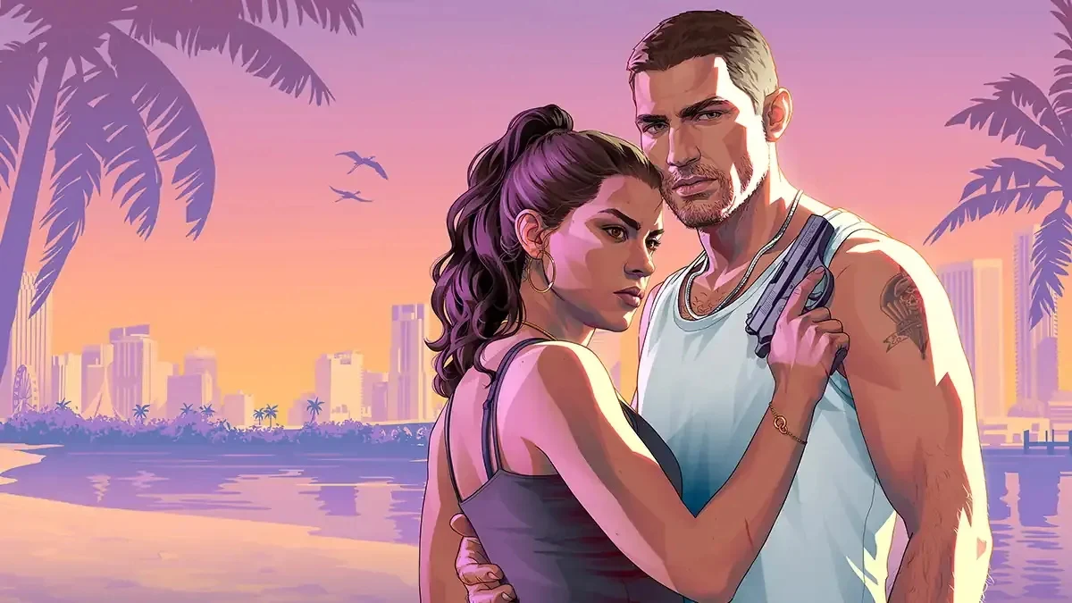 GTA VI Dwoje młodych ludzi obejmuje się na tle miasta z wysokimi budynkami, palmami i zachodzącym słońcem, motyw GTA 6.
