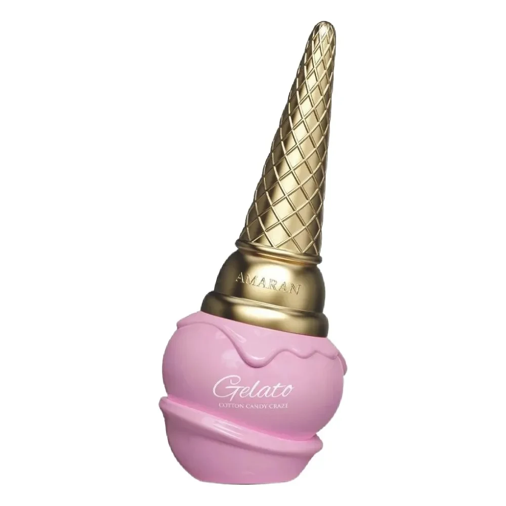 Różowy pojemnik w kształcie gałki lodów z dekoracyjnym, złotym rożkiem, opatrzony napisem 'Gelato' i 'Amaran'.