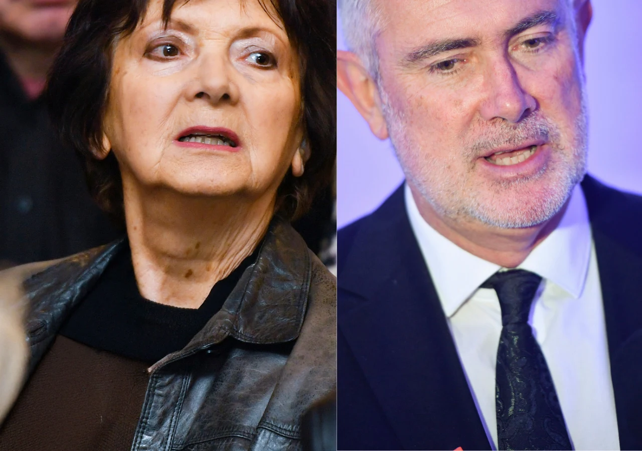 Halina Kunicka, Marcin Kydryński Halina Kunicka w skórzanej kurtce i Marcin Kydryński w garniturze.