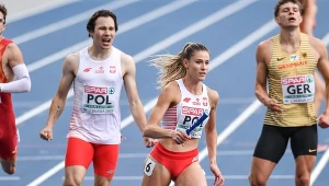 Igor Bogaczyński i Natalia Bukowiecka w sztafecie mieszanej 4x400 w czasie DME w Chorzowie