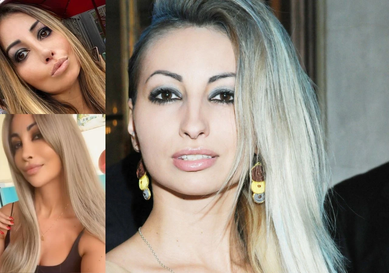 Jola Rutowicz w 2015 i 2026 roku Kobieta o długich blond włosach, ciemnych brwiach i mocno podkreślonych oczach, patrząca w obiektyw aparatu; po lewej dwa mniejsze portrety tej samej osoby z różnymi fryzurami i makijażem.