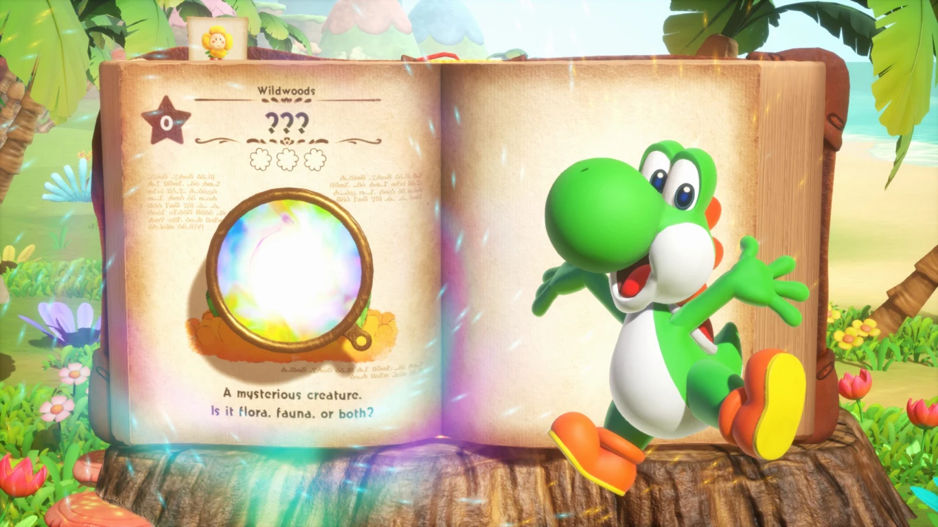 Kolorowy Yoshi wyskakuje z otwartej księgi pokazującej stronę z ilustracją tajemniczego stworzenia i tęczowym światłem, całość otoczona roślinnością i kwiatami.