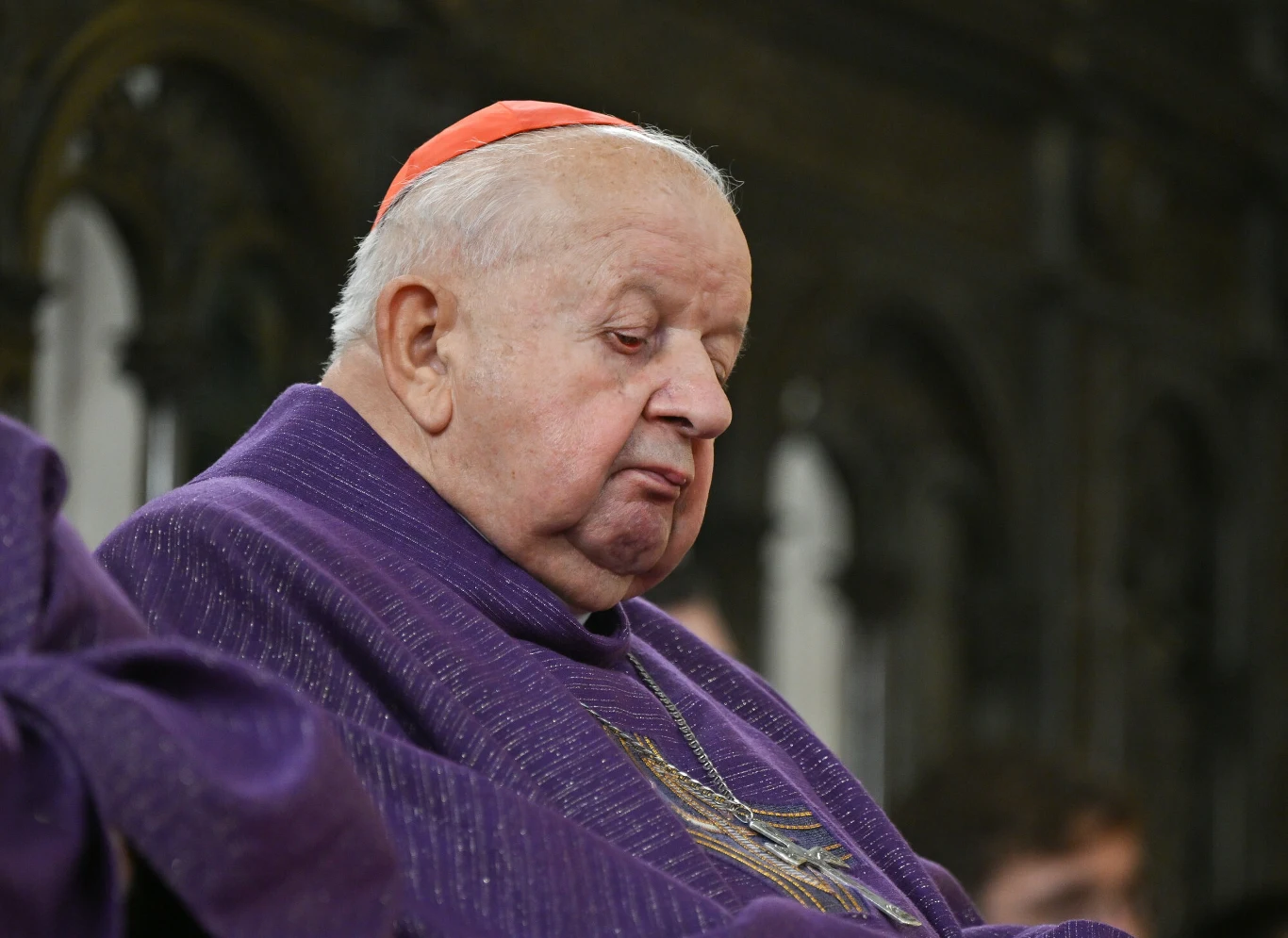 Kardynał Stanisław Dziwisz Kardynał Stanisław Dziwisz w purpurowych szatach i czerwonej piusce, siedzi w ciemnym wnętrzu kościoła.