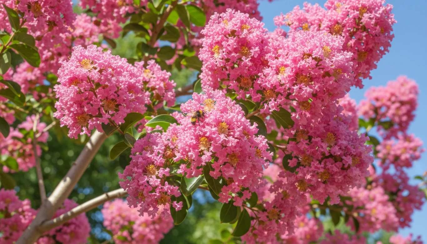 Lagerstroemia indyjska może kwitnąć nawet przez 120 dni w roku. Obfite, różowe kwiatostany otoczone soczystozielonymi liśćmi na tle błękitnego nieba.