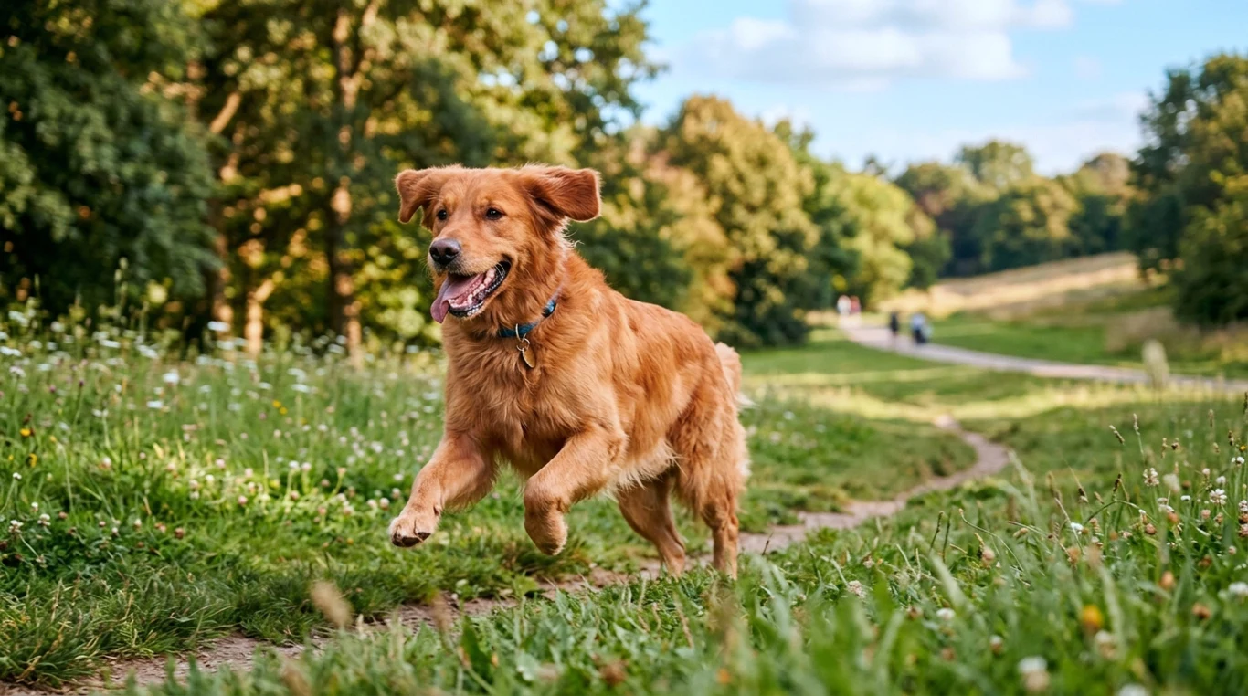 Aktywność psa ma duże znaczenie w kontekście jego długowieczności Radosny golden retriever biegnący po zielonej łące w słoneczny dzień, otoczony wysoką trawą i kwiatami.