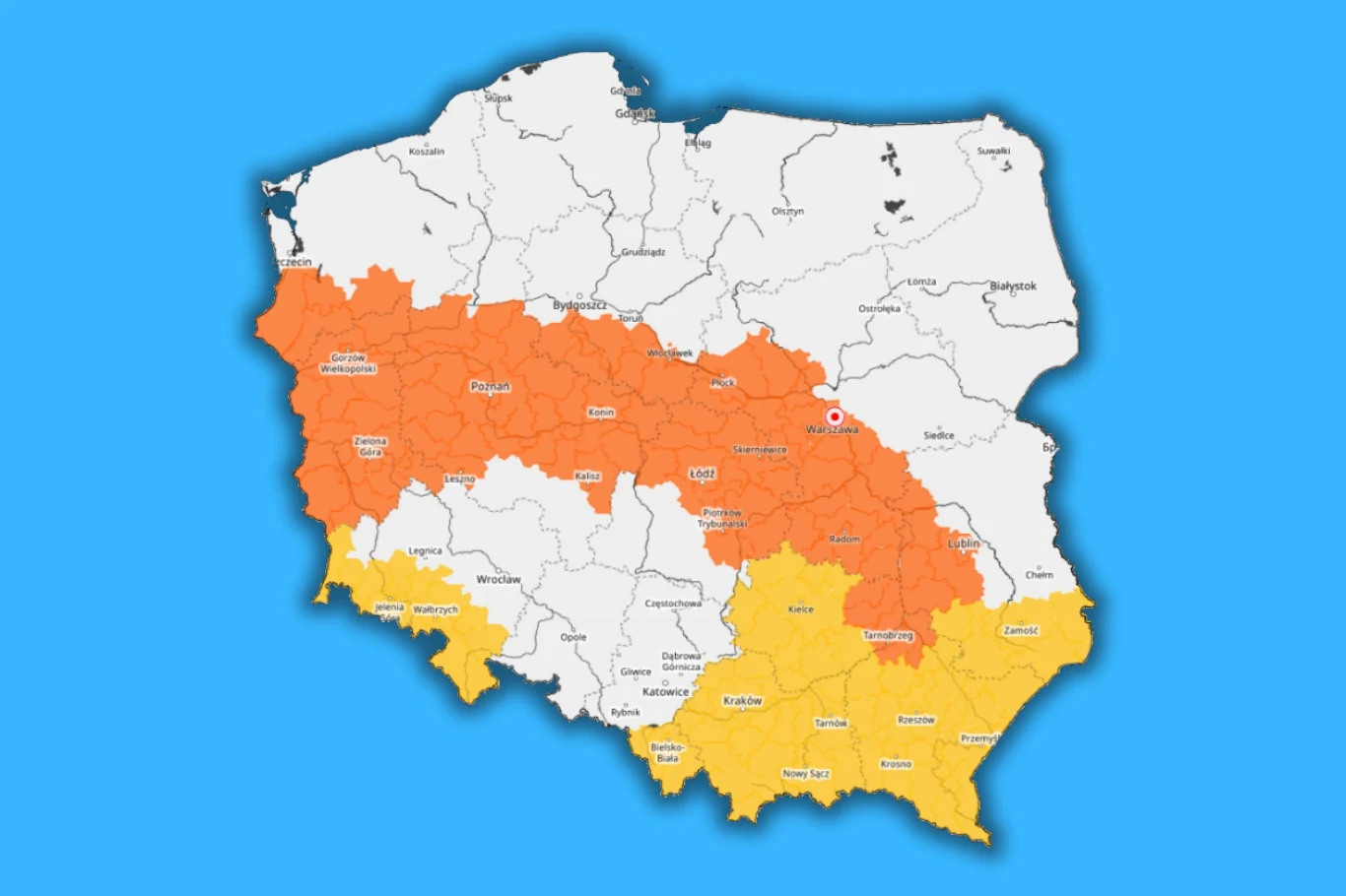 Z powodu burz i upałów w wielu miejscach w czwartek obowiązują alerty IMGW pierwszego i drugiego stopnia Mapa Polski z wyraźnym podziałem na regiony objęte ostrzeżeniami pogodowymi drugiego stopnia oznaczone kolorem pomarańczowym oraz pierwszego stopnia oznaczone kolorem żółtym, przy czym pozostała część kraju pozostaje niewyróżniona.