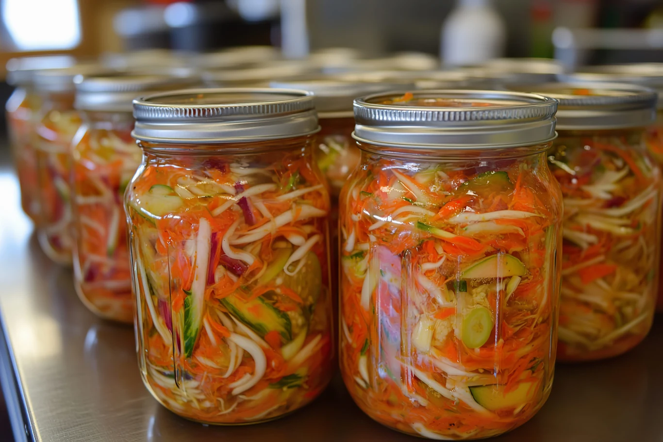 Jars filled with colorful fermented vegetables sit on a kitchen countertop
