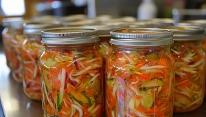 Jars filled with colorful fermented vegetables sit on a kitchen countertop