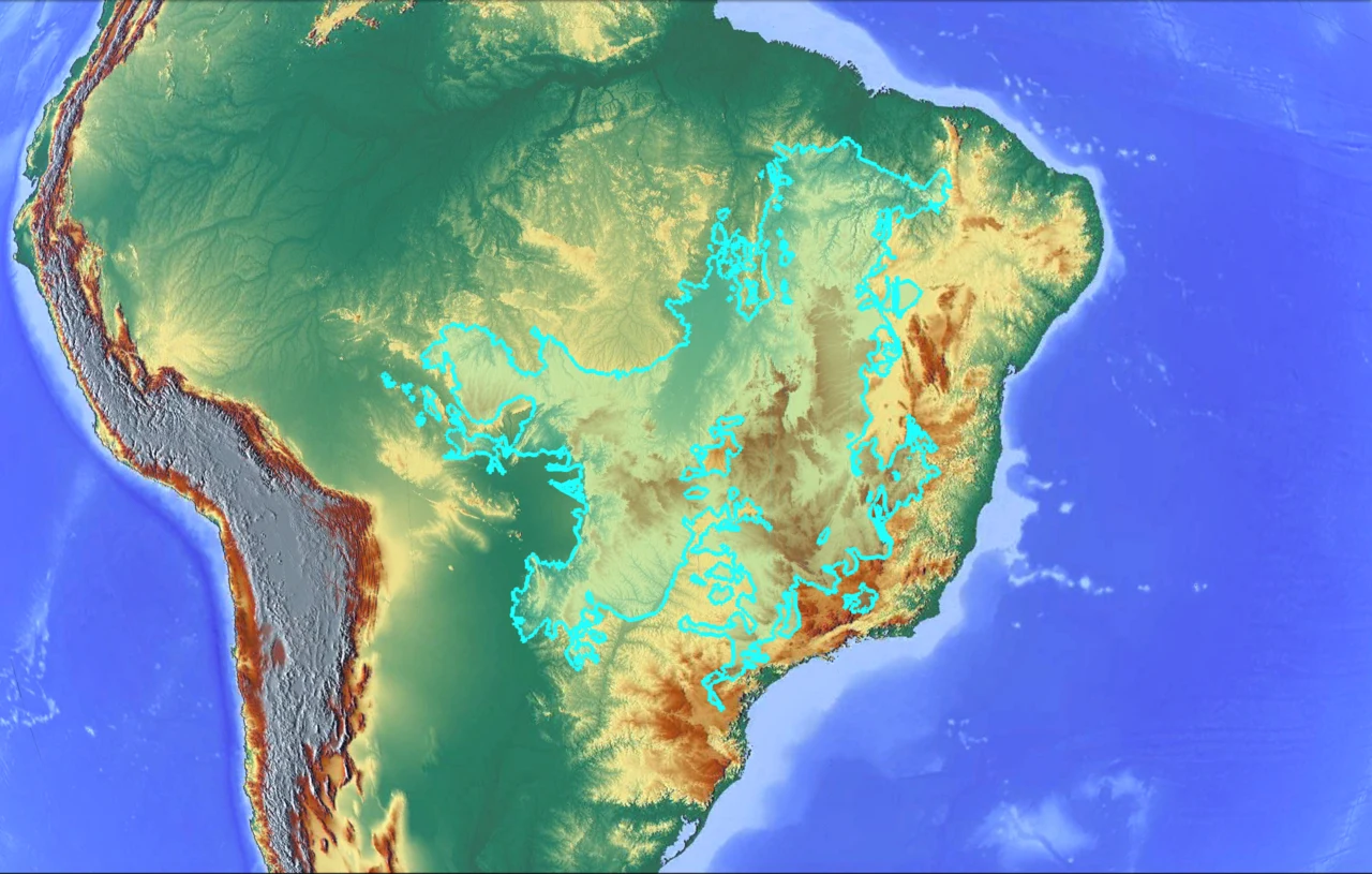 Ekoregion Cerrado pokrywa około 23 proc. powierzchni Brazylii. Fizyczna mapa Ameryki Południowej z zaznaczonym regionem Cerrado i dorzeczem Amazonki w Brazylii.
