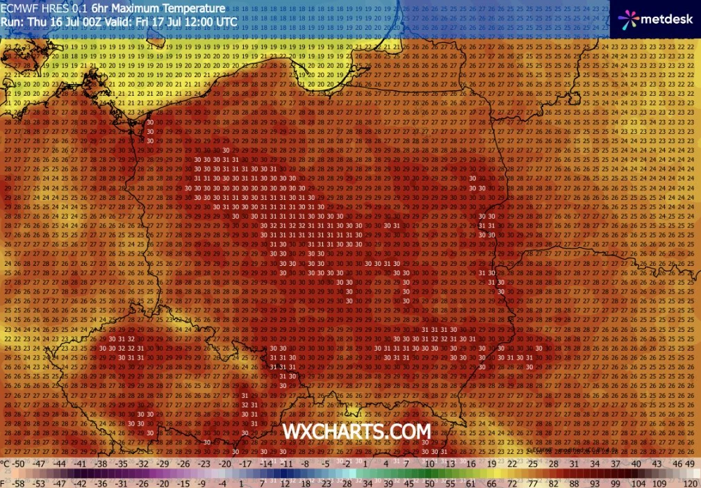 Piętek może być najgorętszym dniem tego tygodnia, z upałem dochodzącym miejscami do 32 st. C - prognozuje IMGW Mapa Europy Środkowej z prognozowanymi maksymalnymi temperaturami na tle odcieni czerwieni, wskazująca na upalne warunki w Polsce oraz okolicznych krajach, z wartościami przekraczającymi 30°C na dużym obszarze.
