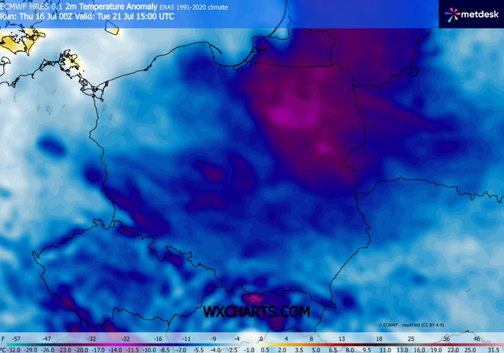 Zdecydowane ochłodzenie czeka nas we wtorek, kiedy na północnym wschodzie za dnia będzie niewiele ponad 10 stopni Mapa Polski z gradientem kolorów ilustrująca anomalię temperatury, gdzie centralna i północno-wschodnia część kraju zaznaczona jest intensywnie fioletowym odcieniem, wskazującym na największe odchylenie temperaturowe względem średniej wieloletniej.
