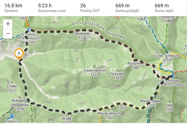Mapa trasy górskiej o długości 16,8 km prowadzącej przez Gorczański Park Narodowy, z oznaczonymi punktami takimi jak schronisko PTTK na Starych Wierchach, Rozdziele oraz schronisko przy Turbaczu, a także z informacjami o czasie przejścia, sumie podejść...
