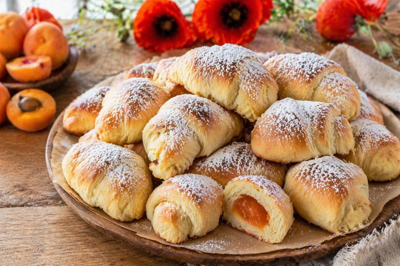 Drożdżowe rogaliki z morelami Talerz z drożdżowymi rogalikami z nadzieniem morelowym posypanymi cukrem pudrem, obok świeże morele i maki.