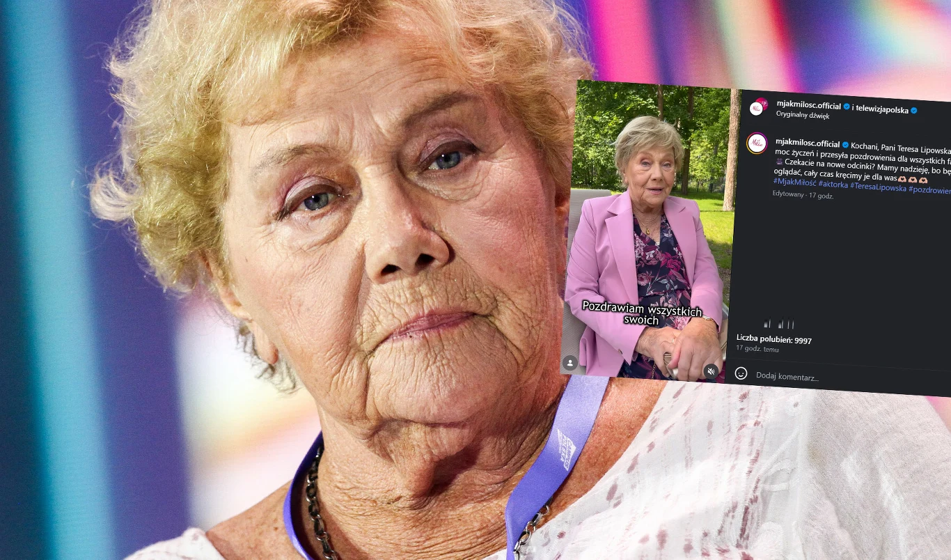 TVP wydała komunikat ws. Teresy Lipowskiej. Nagranie poruszyło widzów "M jak miłość" /https://www.instagram.com/telewizjapolska/ Starsza kobieta o jasnych kręconych włosach i poważnym wyrazie twarzy, ubrana w różową marynarkę, zbliżenie na twarz, w prawym rogu widoczny zrzut ekranu z mediów społecznościowych przedstawiający tę samą osobę podczas rozmowy na tle zieleni.