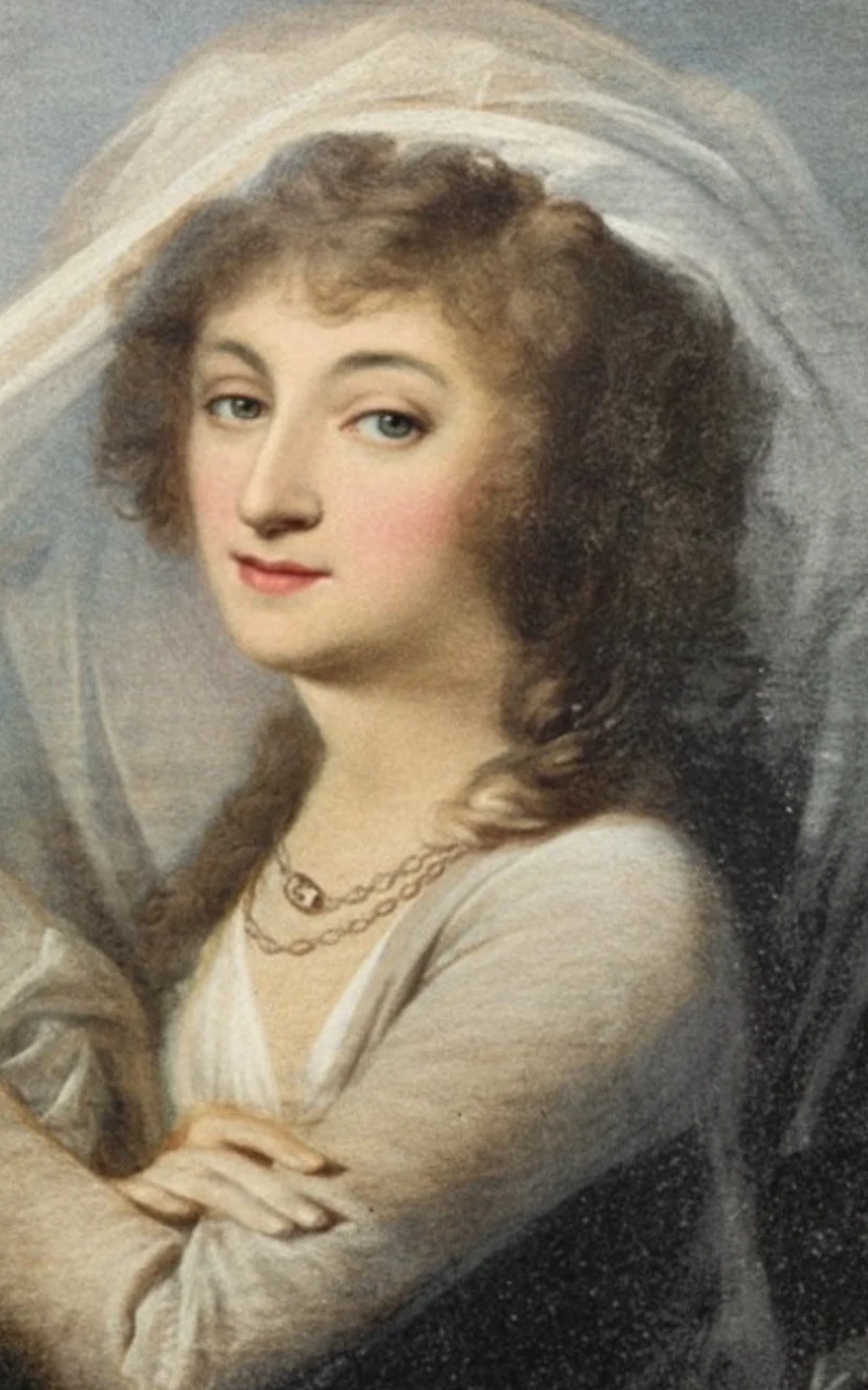Portret Ludwiki Sosnowskiej z 1792 autorstwa Józefa Marii Grassiego, koloryzowany, na podstawie czarno-białego zdjęcia Portret młodej kobiety z delikatnym uśmiechem, ubranej w jasną suknię i przezroczysty welon, z dwoma złotymi łańcuszkami na szyi i krótkimi, kręconymi włosami w naturalnym odcieniu brązu.