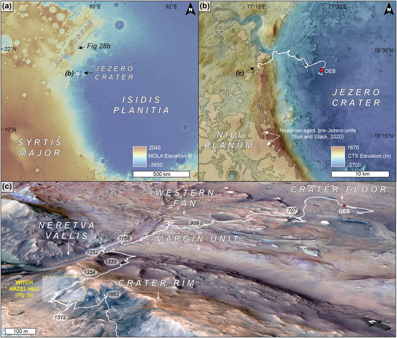 Trzy mapy topograficzne przedstawiające Obszar Krateru Jezero na Marsie: pierwsza pokazuje rozmieszczenie Jezero Crater na tle Isidis Planitia i Syrtis Major; druga ukazuje szczegółowe ukształtowanie terenu wokół krateru z zaznaczonymi trasami i punkta...