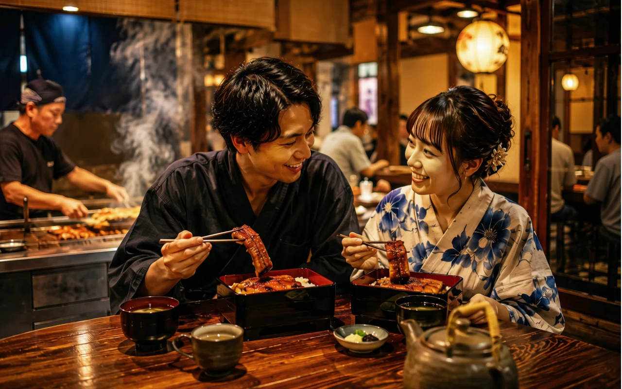 Dzień węgorza – Doyō no ushi no hi Para siedząca przy drewnianym stole w restauracji, uśmiecha się do siebie podczas wspólnego jedzenia tradycyjnego japońskiego posiłku z misek, na pierwszym planie filiżanki oraz imbryk, w tle kucharz przygotowujący dania na grillu.