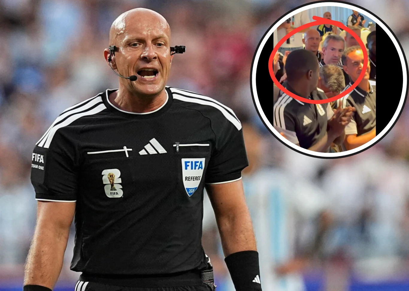 Slavko Vincic, a nie Szymon Marciniak posędziuje tegoroczny finał mistrzostw świata Arbiter FIFA Slavko Vincic w czarnej koszulce podczas meczu, wstawka: grupa sędziów w pomieszczeniu.