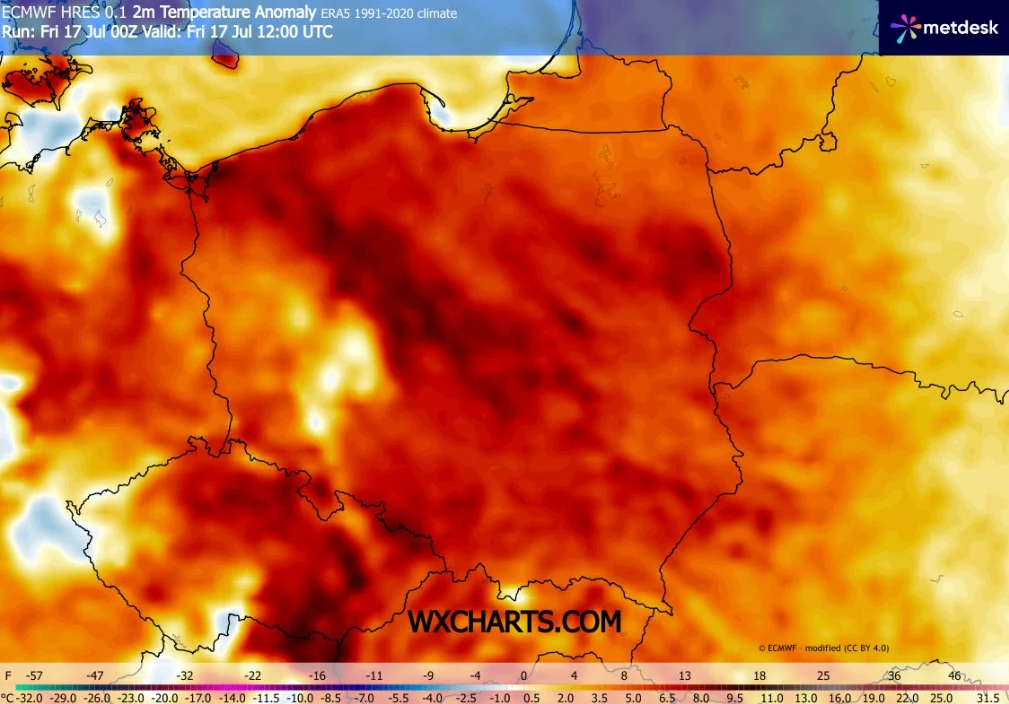 W piątek w większości województw może być upalnie: miejscami do 33 stopni Celsjusza Mapa Polski z zaznaczonymi anomaliami temperatury powietrza, na której dominują odcienie czerwieni i pomarańczu wskazujące na znacznie podwyższone wartości temperatury względem średniej z wielolecia.