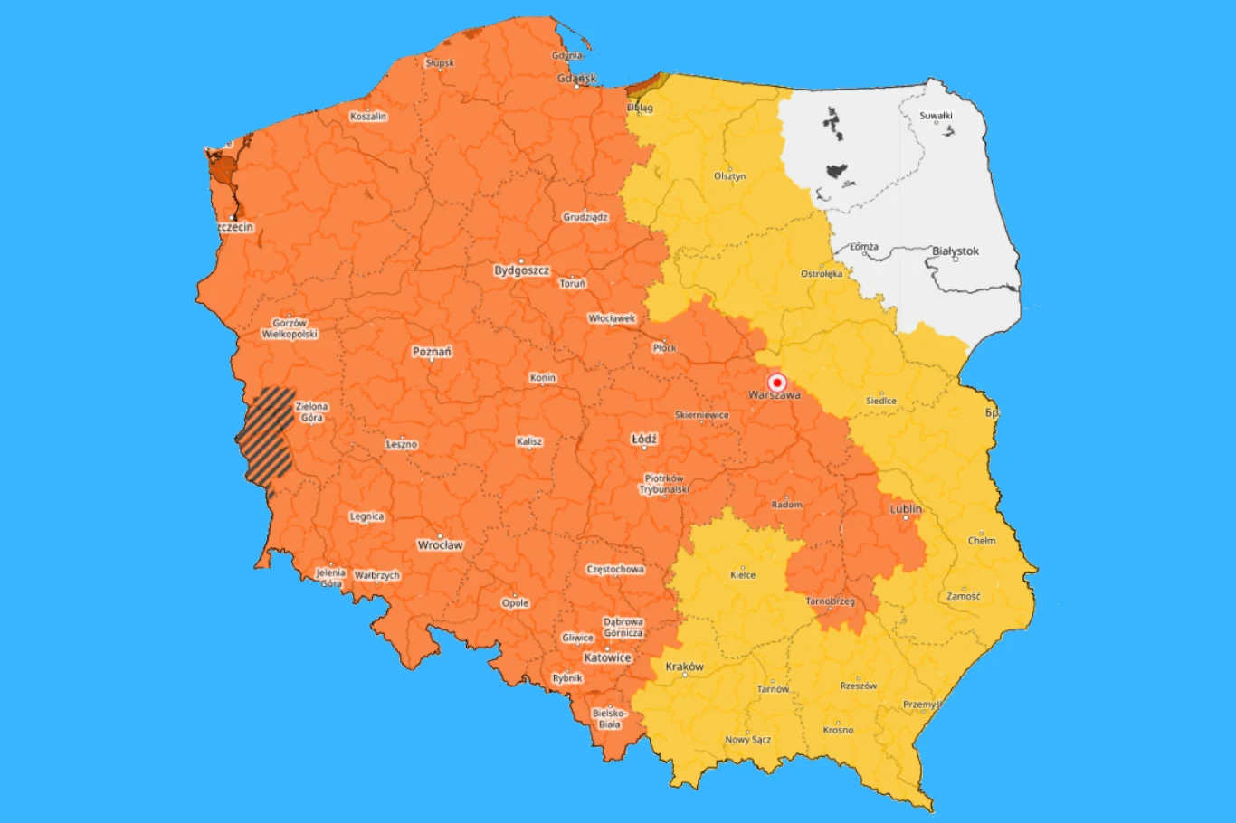 Mapa Polski podzielona na trzy strefy kolorystyczne: większość zachodniej i centralnej części kraju oznaczona na pomarańczowo, wschodnia część żółta, a północno-wschodni fragment biały; w pobliżu granicy z Niemcami dodatkowo wyodrębniony ciemniejszy ob...