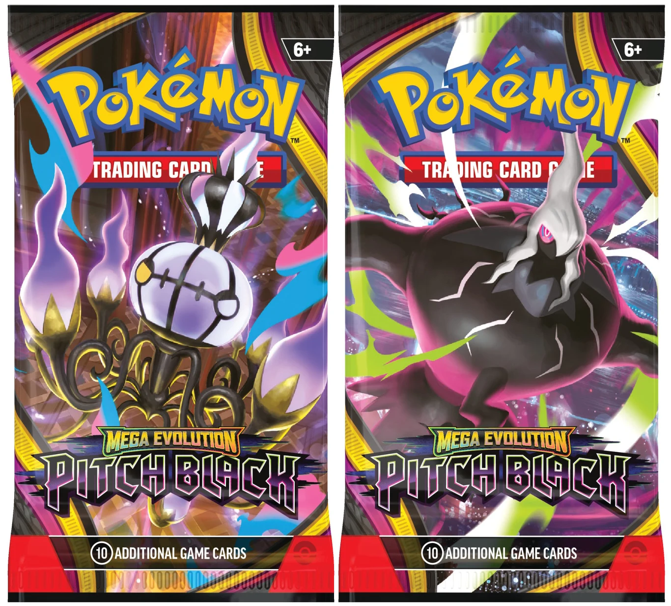 Dwa opakowania kart Pokémon Mega Evolution Pitch Black, prezentujące w centralnej części ilustracje Pokémonów Chandelure i Darkrai, otoczone dynamicznymi, kolorowymi efektami graficznymi oraz logo kolekcjonerskiej gry karcianej.