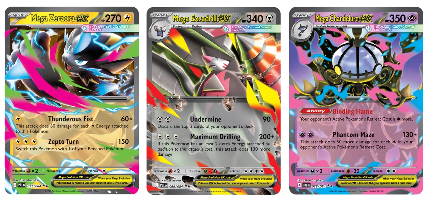 Trzy karty Pokémon Mega EX z dynamicznymi grafikami przedstawiającymi wojownicze postacie Pokémonów, jasne kolory i wyraźnie widoczne statystyki oraz nazwy ataków każdej z postaci.