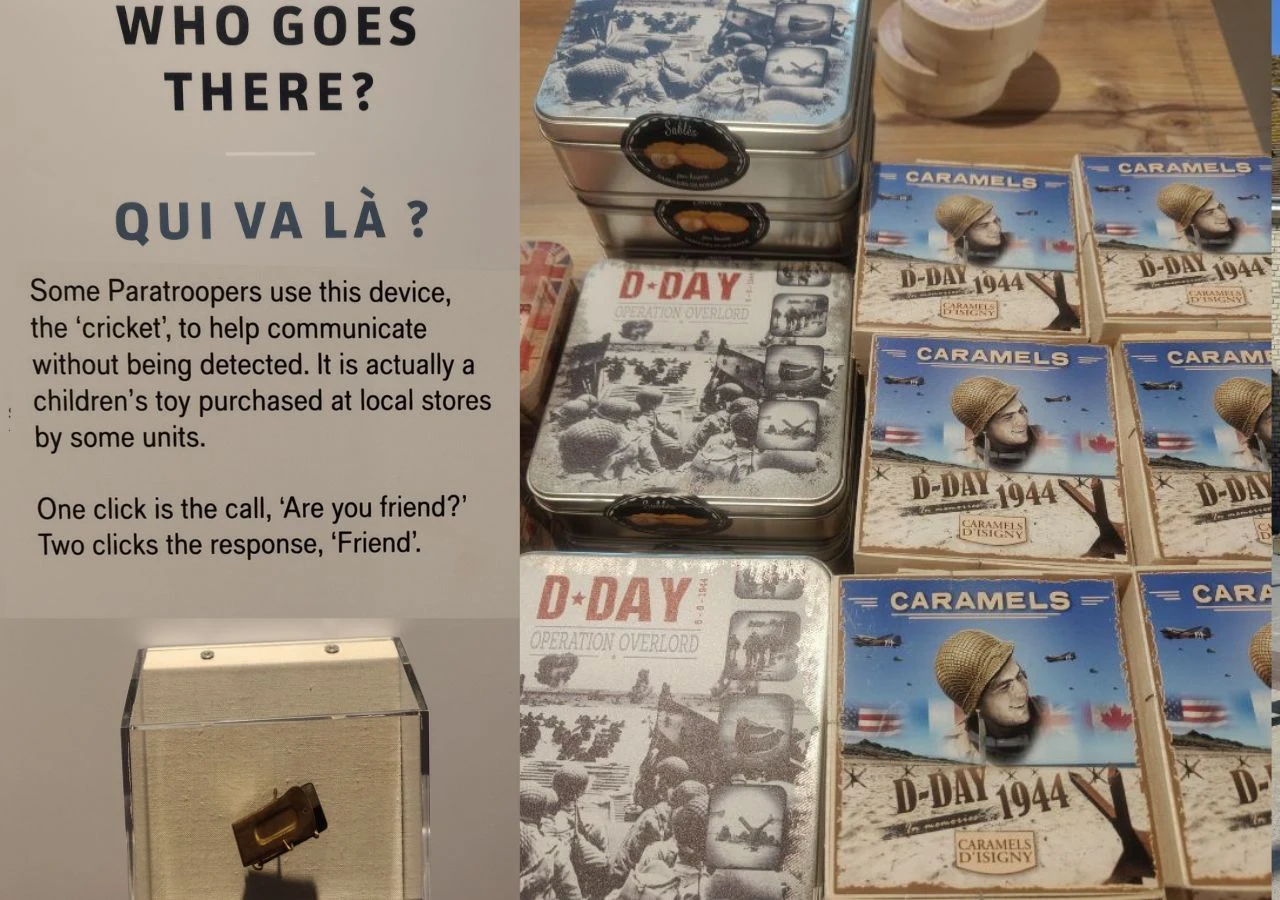 Zestaw puszek i opakowań z motywem D-Day 1944, w tym pudełka z karmelem oraz informacja o używanym przez spadochroniarzy urządzeniu zwanym 'cricket' do cichej komunikacji.