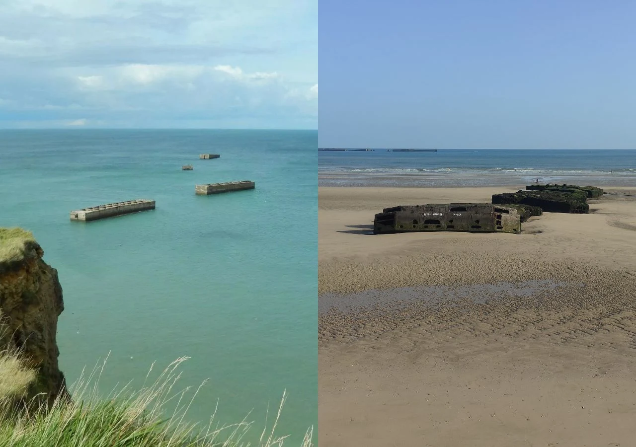 Betonowe elementy konstrukcyjne zanurzone częściowo w morzu oraz leżące na piaszczystej plaży, z widoczną linią brzegową i otwartą przestrzenią wodną w tle.