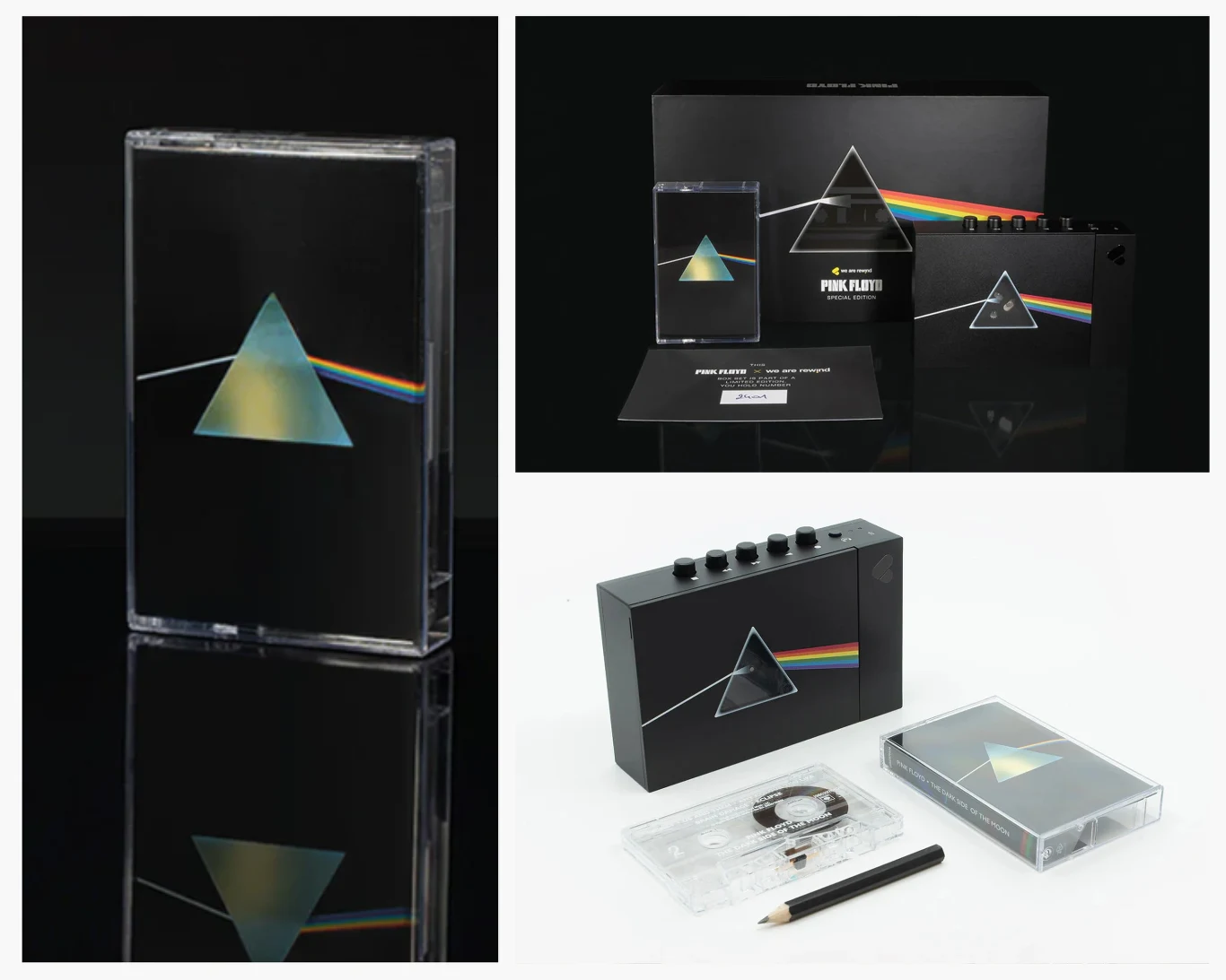 Specjalny odtwarzacz i kaseta kultowego krążka Pink Floyd Kolekcjonerski zestaw z kultową okładką albumu „The Dark Side of the Moon” Pink Floyd, w skład którego wchodzi kaseta magnetofonowa, odtwarzacz z przyciskami, przewód słuchawkowy oraz czarny ołówek, całość prezentowana na czarnym i białym tle.