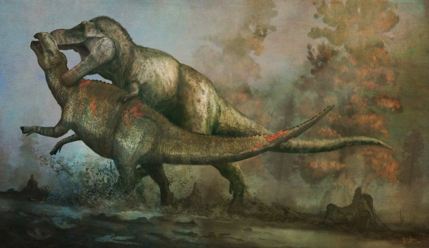 Tyranozaur powalający edmontozaura porywał się na zdobycz swoich rozmiarów Dwa dinozaury w dramatycznej walce, jeden z nich gryzie szyję drugiego, wokół ziemia pokryta błotem, w tle zamglone drzewa.