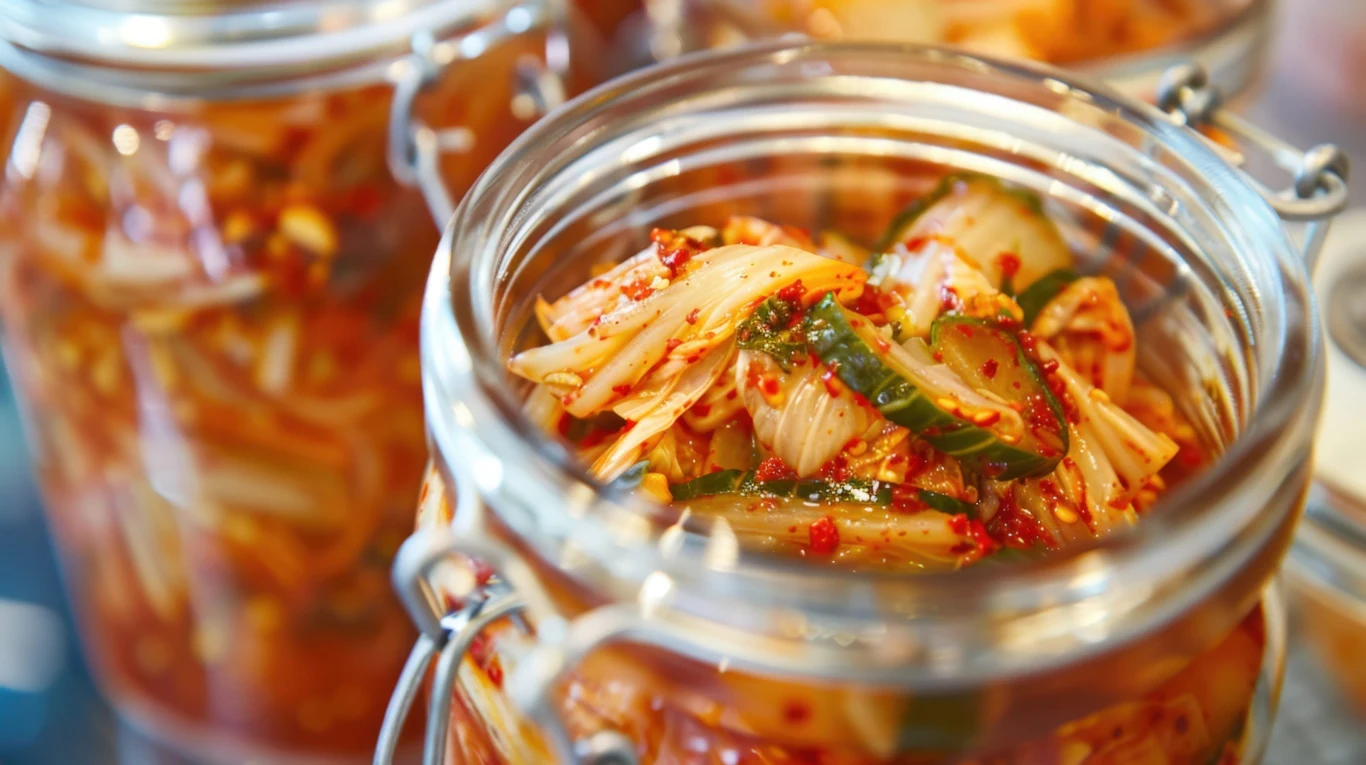 Kimchi z ogórkami najlepiej smakuje po kilku dniach od zrobienia Domowe kimchi z ogórkami i kapustą pekińską z papryką chili w szklanych słoikach typu weck.