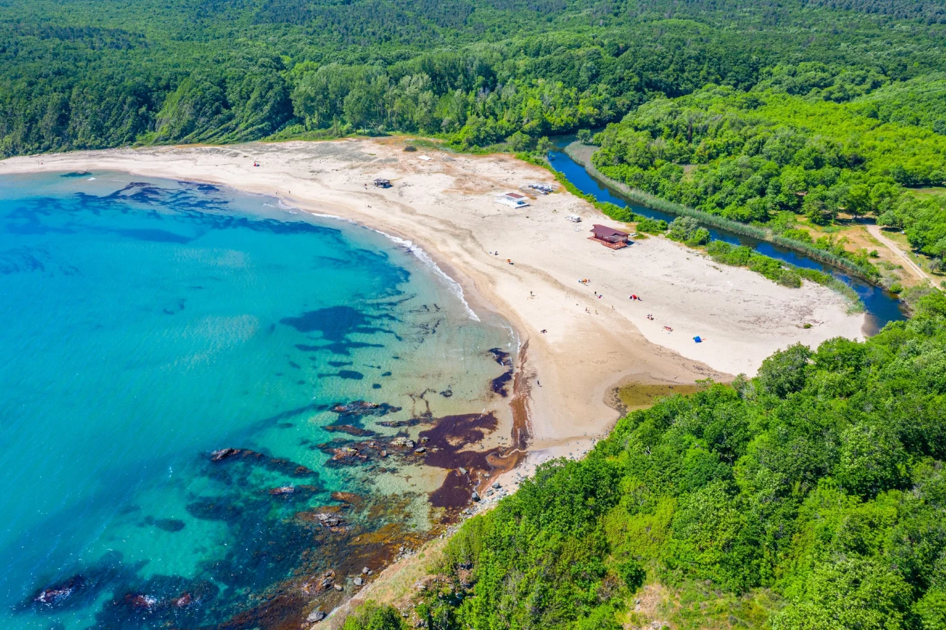 Bułgaria to nie tylko zatłoczone kurorty i hotele all inclusive Szeroka piaszczysta plaża w Bułgarii, otoczona zielonym lasem, z lazurową wodą i rzeką wpływającą do morza