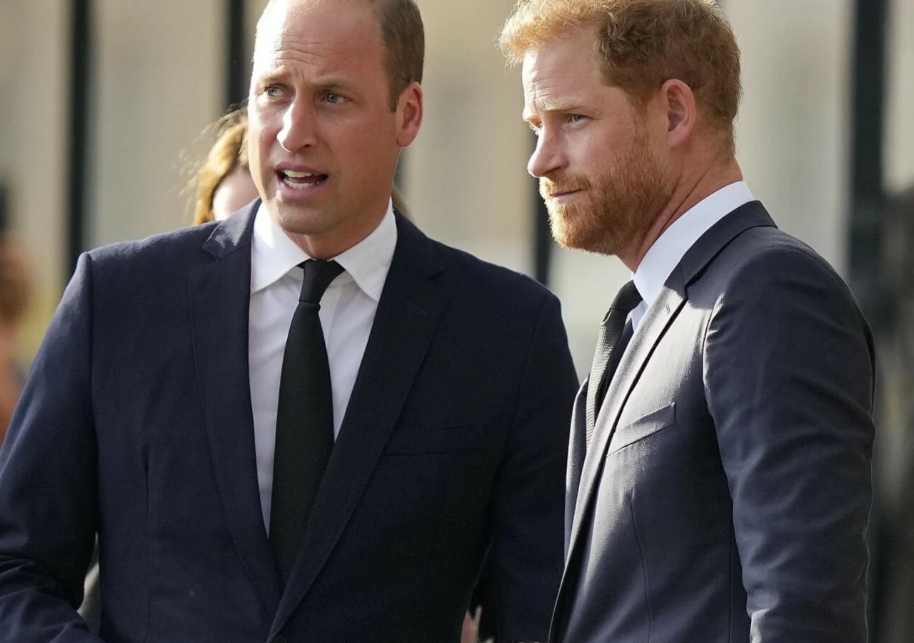książę William i książę Harry Książę Harry i książę William w ciemnych garniturach podczas rozmowy w plenerze.