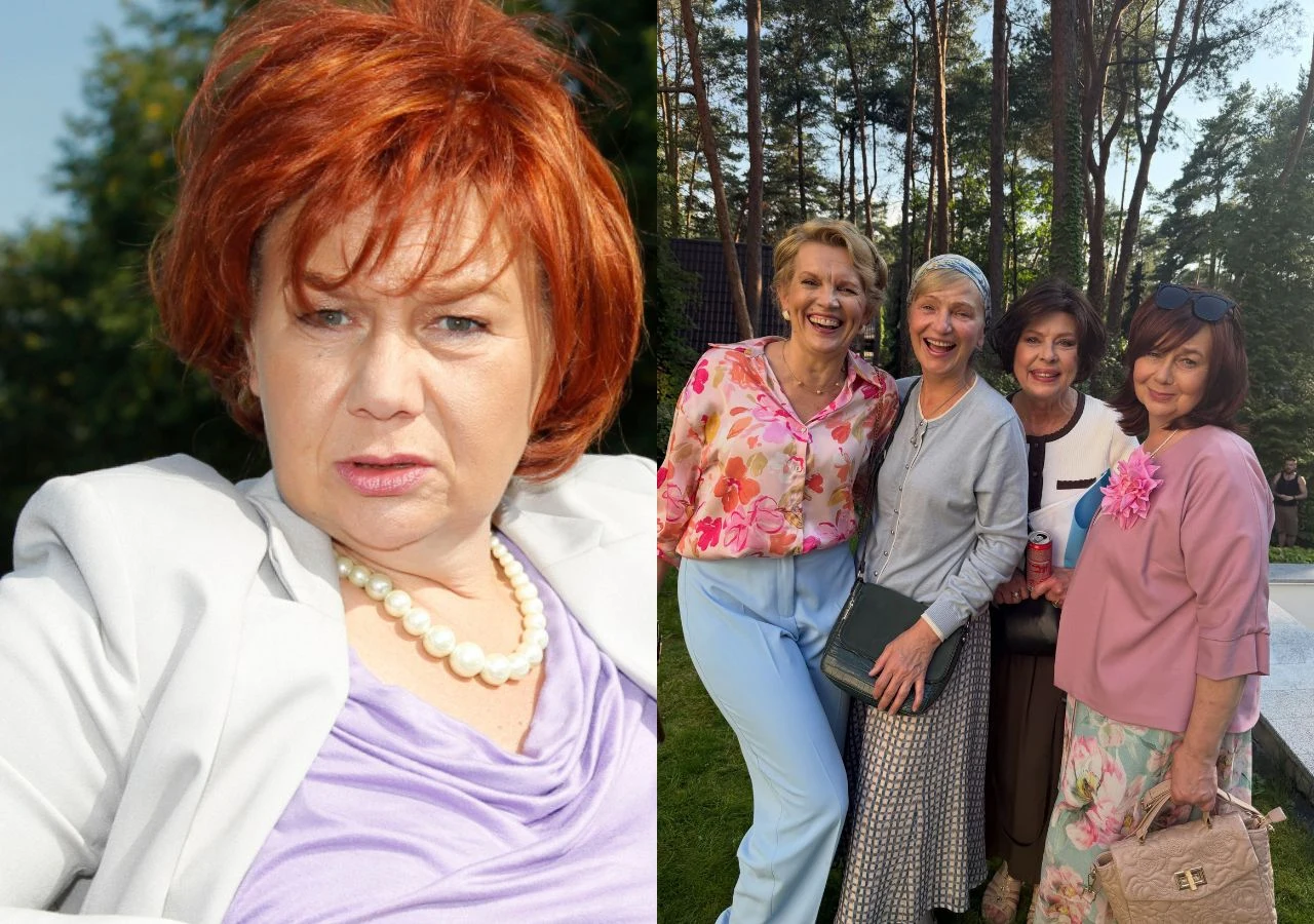 Dorota Nowakowska na planie "Ranczo" w 2014 i 2026 roku Kobieta o rudych włosach ubrana w jasny żakiet i naszyjnik z pereł, obok cztery uśmiechnięte kobiety w eleganckich, jasnych strojach pozujące razem na tle drzew i ogrodu.