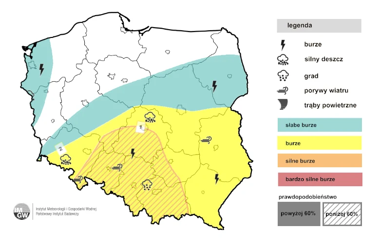 Prognoza burz IMGW Mapa Polski z podziałem na strefy zagrożenia burzowego, gdzie południowa i częściowo centralna część kraju oznaczona jest kolorem żółtym jako obszar burz, a fragment południowego zachodu i południowego wschodu dodatkowo wyróżniono jako region o podwyżs...