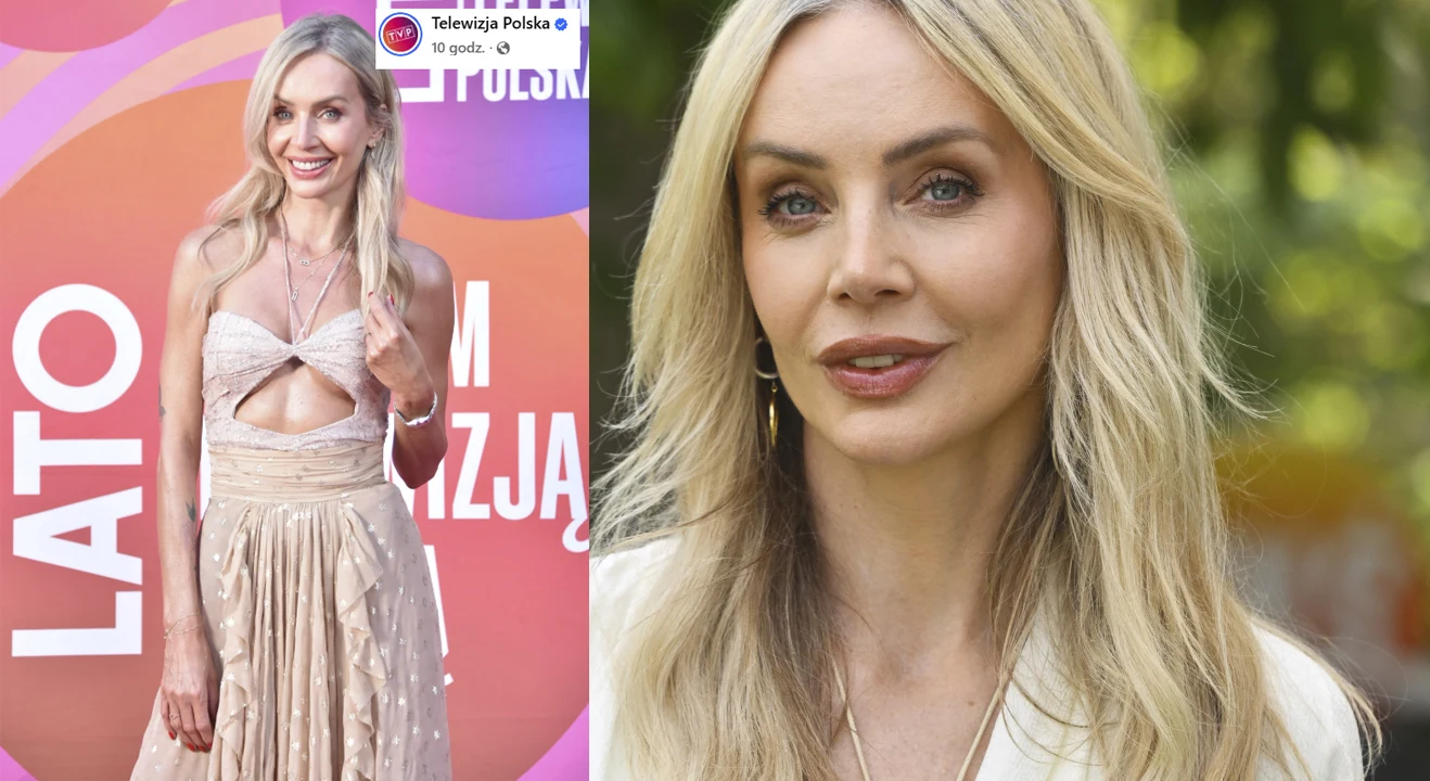 Kobieta o długich blond włosach w eleganckiej, jasnej sukience ze złotymi akcentami, stojąca na tle kolorowej ścianki z wyraźnym napisem LATO oraz w ujęciu portretowym z naturalnym makijażem i delikatnym uśmiechem.