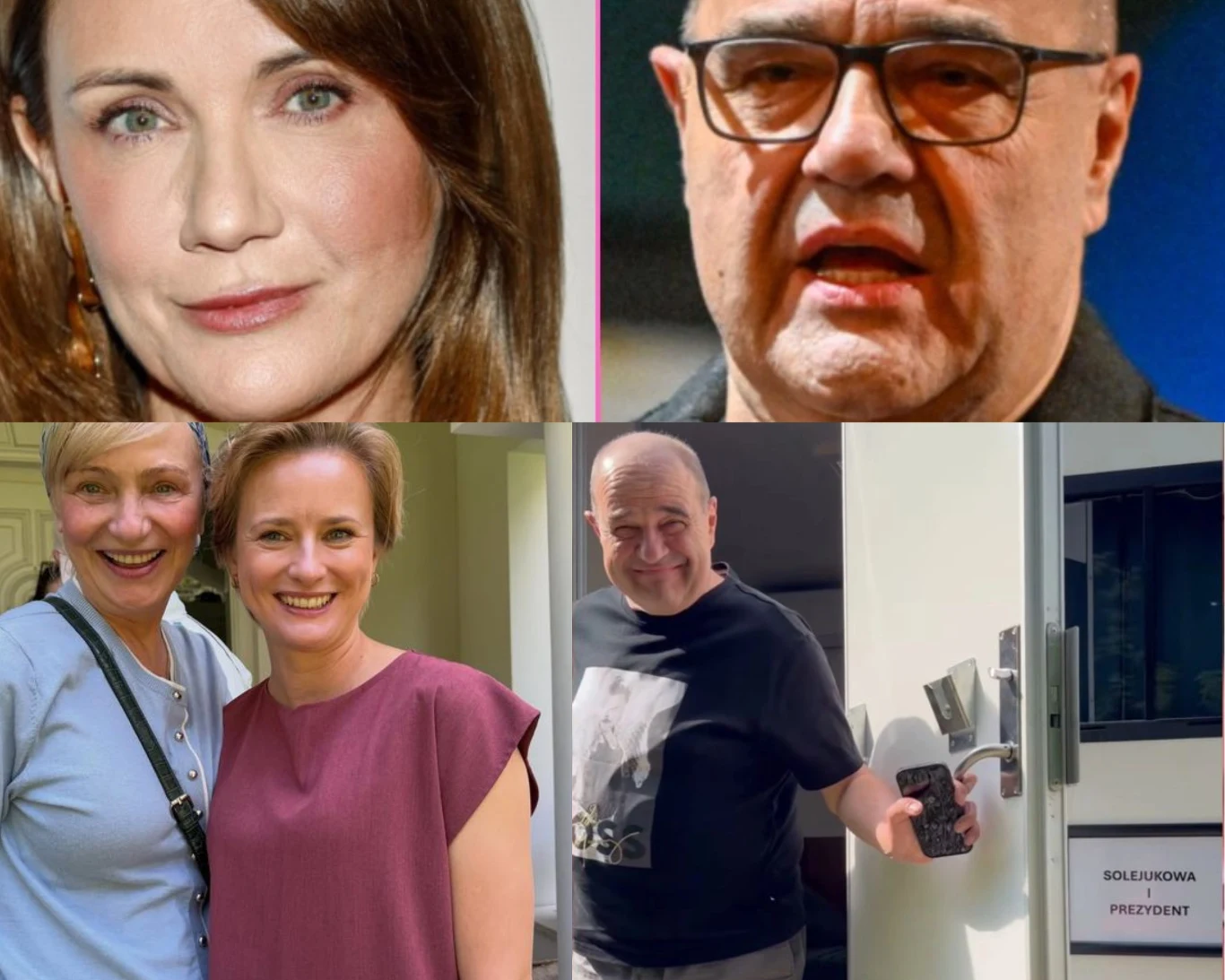 Cztery fotografie ukazujące zbliżenia twarzy dwóch różnych osób, uśmiechniętą parę kobiet pozujących razem oraz mężczyznę trzymającego klucz w ręce przy drzwiach z napisem 'Solejnowa Prezydent'.