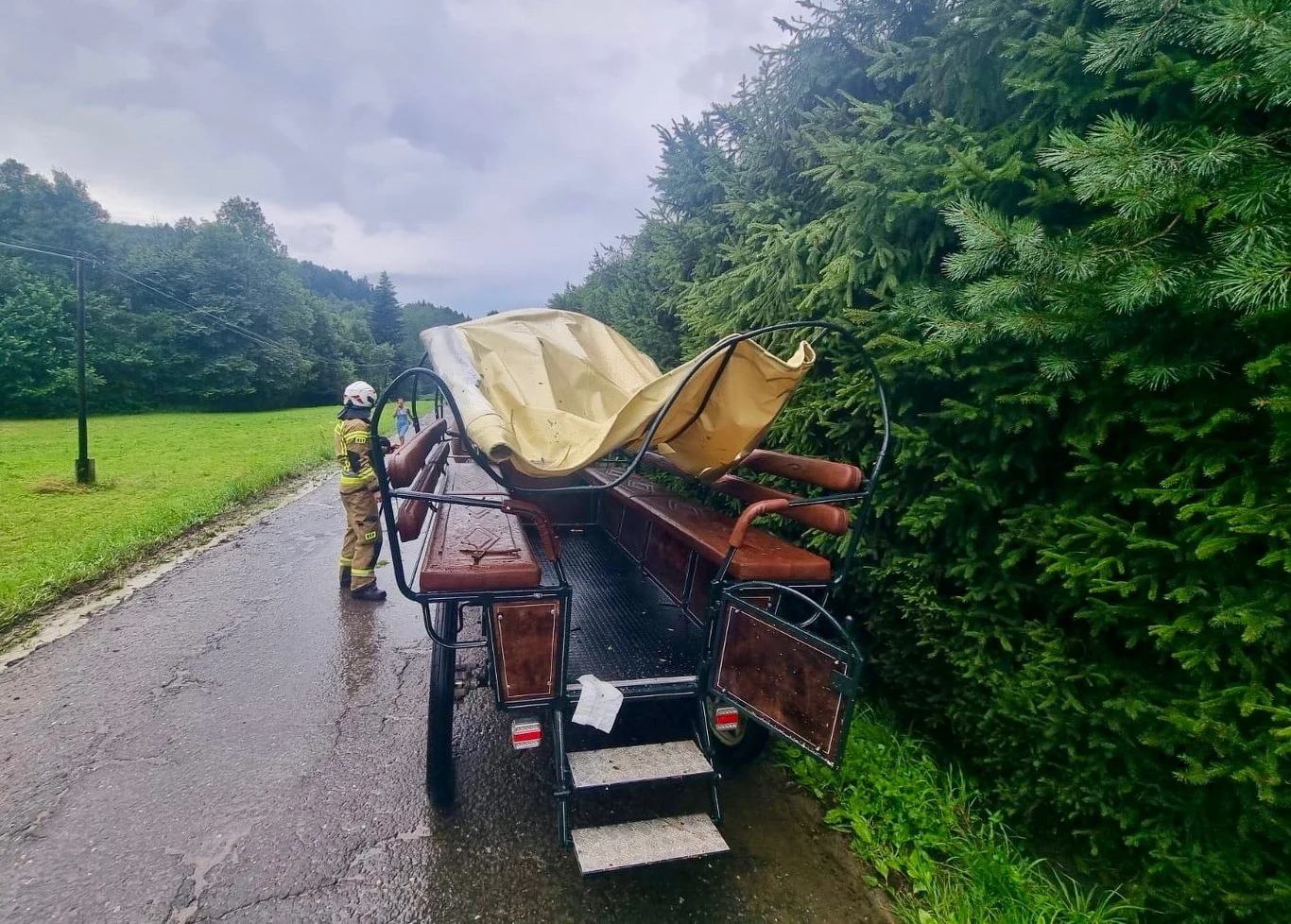 Bryczka, na którą w woj. małopolskim spadło drzewo Strażak w stroju ochronnym stoi obok pustej dorożki z uszkodzonym brezentem, zaparkowanej przy krawędzi asfaltowej drogi w otoczeniu wysokich, zielonych drzew.